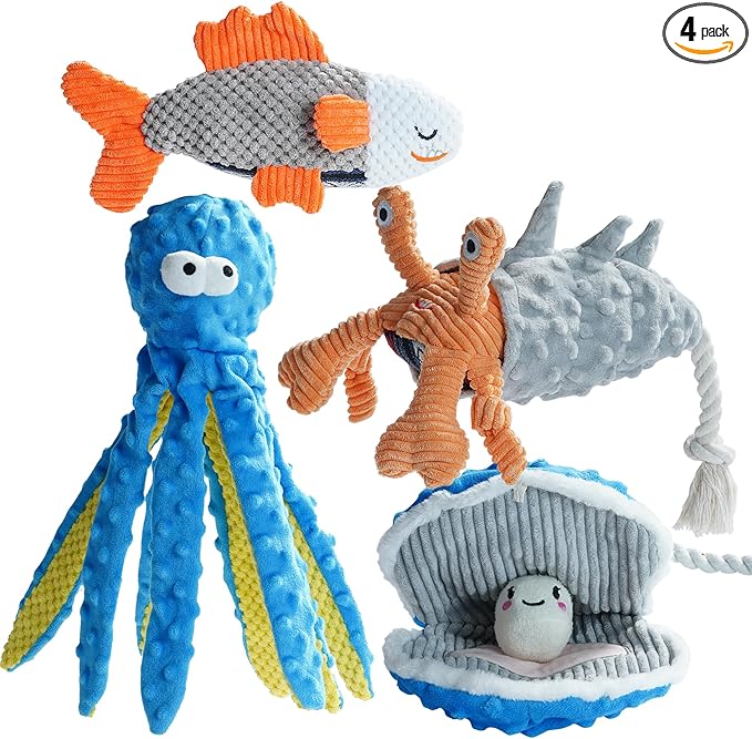 Nocciola 4 Packs Crinkle Squeaky Dog Toys for Aggressive Chewers, Tough Durable Stuffed Plush Rope Tug Puppy Chew Toy for Small Medium Large Breeds