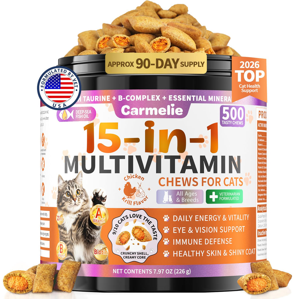 Taurine for Cats Vitamins Treats, 15 in 1 Cat Multivitamin Support Joint, Skin Coat, Digestion, Immunity & Energy, 500 Crunchy & Creamy Chews with