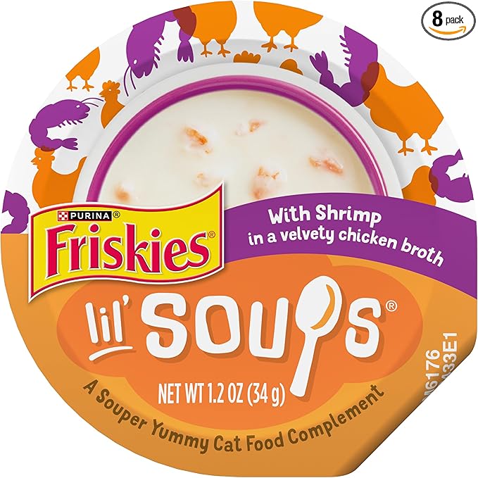 Purina Friskies Grain Free Lickable Cat Food Toppers Lil’ Soups With Shrimp in a Velvety Chicken Broth - (Pack of 8) 1.2 oz. Cups