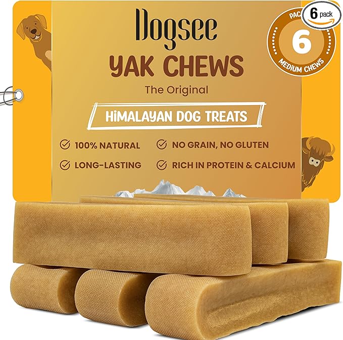 Dogsee Yak Cheese Himalayan Dog Chews 1lb (Medium - 6 Bars), 100% All Natural, 60% Protein, Dog Treats Medium Breed, Yak Chews Long Lasting for