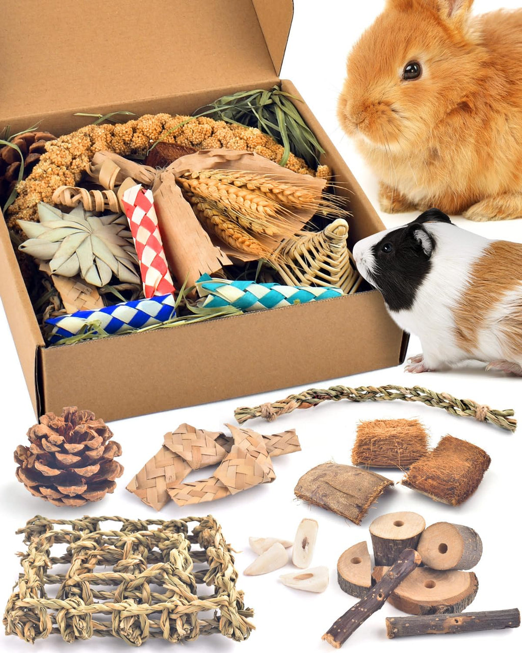 Bissap Rabbit Chew Toy, Natural Bunny Treats Snacks with Timothy Hay Water Grass Mat Coconut Husk Box for Guinea Pigs Chinchillas Hamsters Gerbils