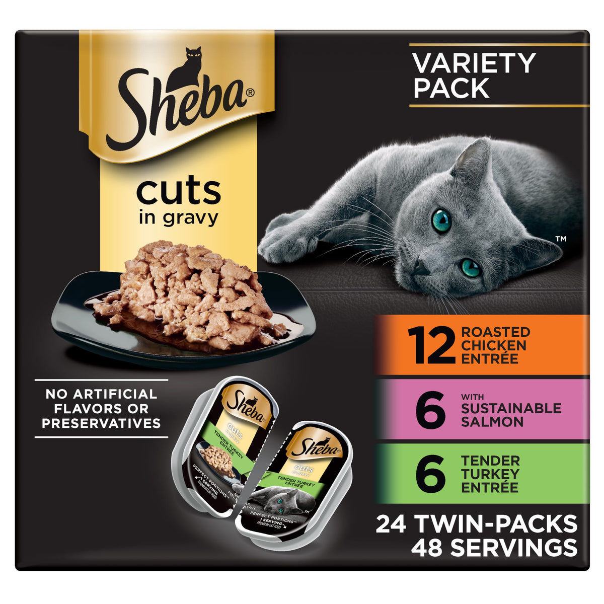 Sheba Perfect Portions Wet Cat Food Cuts in Gravy, Cat Food Wet Recipe, Roasted Chicken Entree, with Sustainable Salmon, Tender Turkey Entree, 2.6