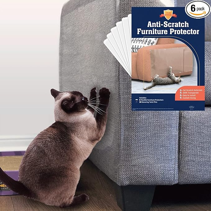 6 Pack XL Anti Cat Scratch Furniture Protector - Couch Protector from Cat Claws w/Twist Pins, Clear, Easy-to-Apply Scratching Deterrent and Shield
