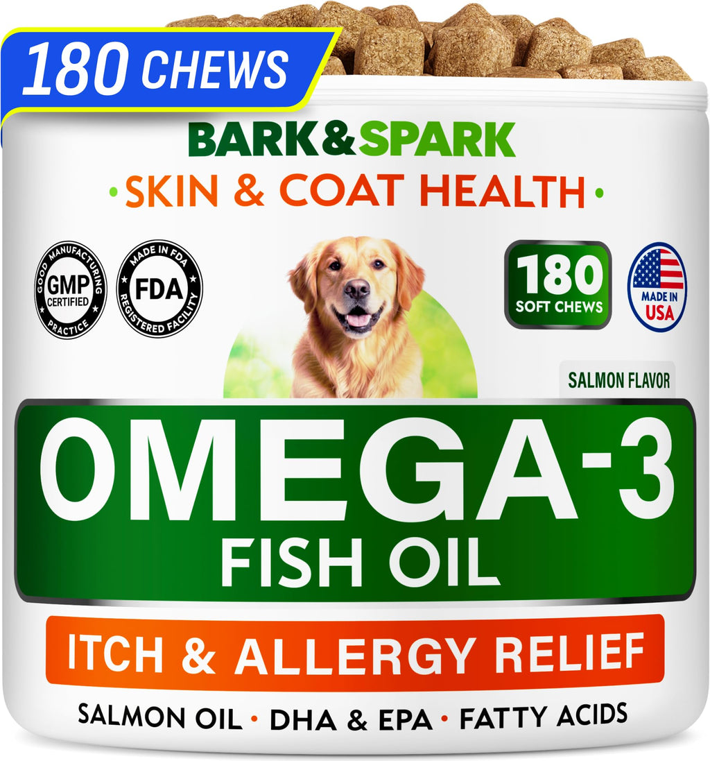 BARK&SPARK Omega 3 for Dogs and Cats-180 Fish Oil Treats for Dogs & Cats Shedding, Skin Allergy, Itch Relief, Hot Spots Treatment-Joint Health-Skin