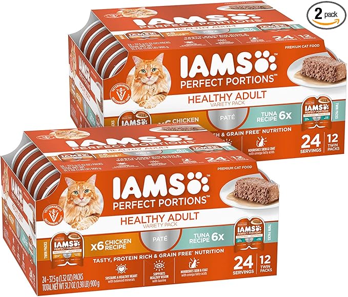 IAMS Perfect Portions Sensitive Digestion & Skin Wet Cat Food Pate, Healthy Adult Grain Free Pate, Chicken and Tuna Recipe, 2.6 oz. (24 Twin Packs)