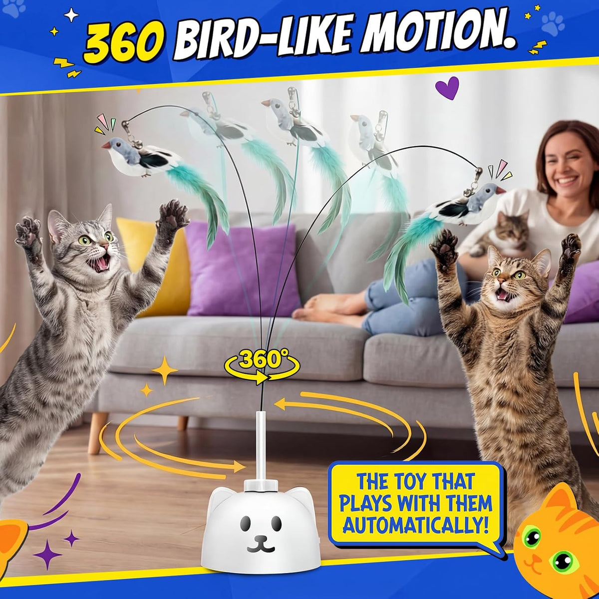 Interactive Cat Toys for Indoor Cats - Automatic Flying Bird Feather Toy, USB Rechargeable Electric Cat Teaser with Sticky Suction Base, Smart Motion
