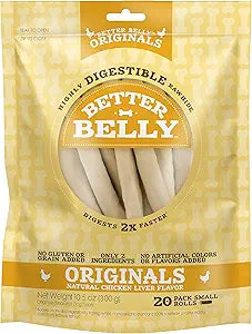 Better Belly Originals Natural Chicken Liver Flavor Small Rolls 20 Count, Highly Digestible Rawhide
