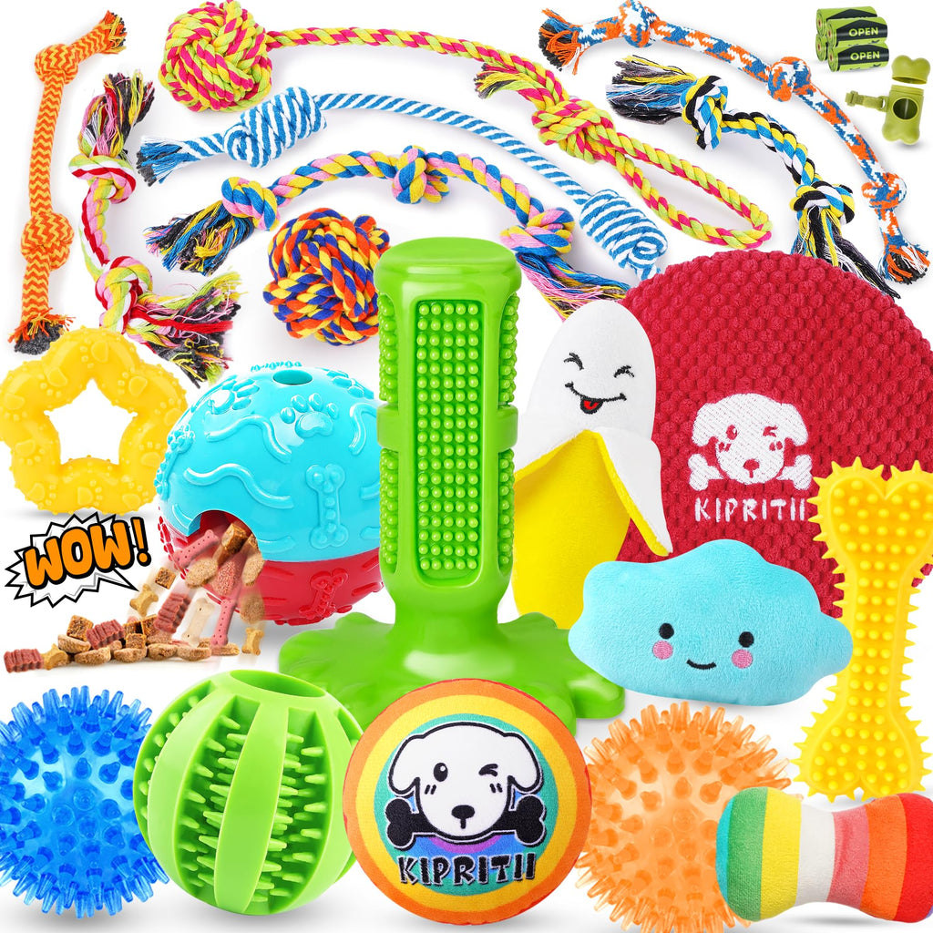 KIPRITII 25 Pack Various Dog Toys Set – Ideal for Teething, Entertainment & Interactive Play, Includes Puppy Toys, Rope Toys, Treat Balls and Squeaky