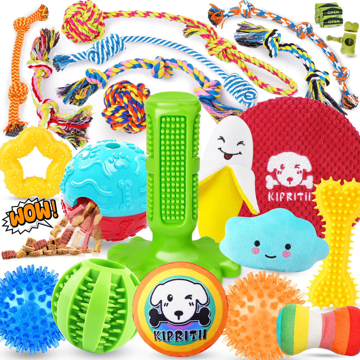 KIPRITII 25 Pack Various Dog Toys Set – Ideal for Teething, Entertainment & Interactive Play, Includes Puppy Toys, Rope Toys, Treat Balls and Squeaky
