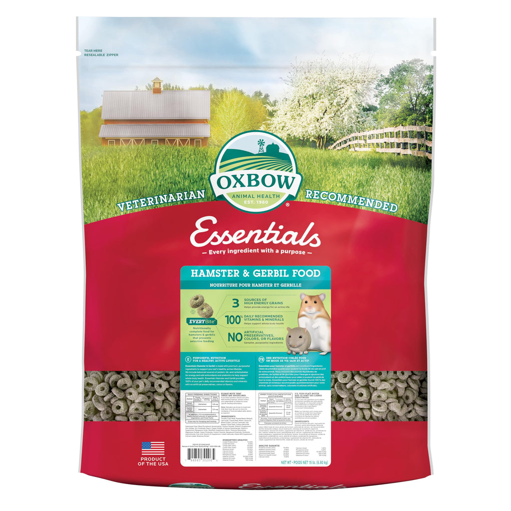 Oxbow Essentials Hamster and Gerbil Food – Complete Daily Diet with Vitamins & Minerals, High-Fiber Uniform Pellets for Balanced Nutrition