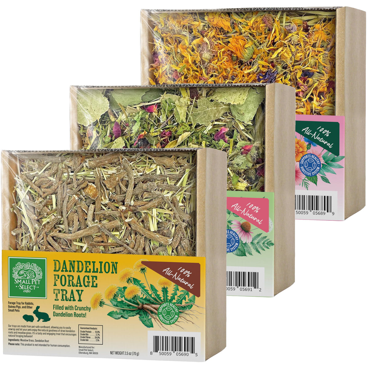 Small Pet Select Forage Tray Bundle, 3 Pack of Foraging Trays for Rabbit, Guinea Pig, Hamster or Bunny - Natural Treats, Dandelion, Flower, Herb Mix