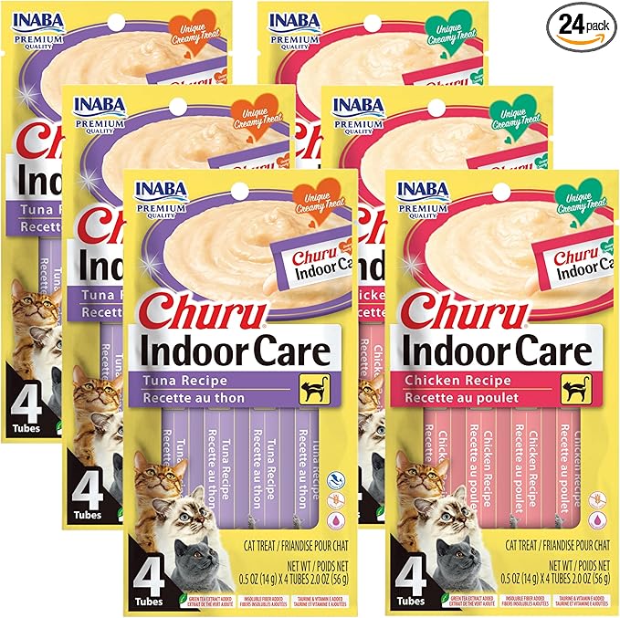 INABA Churu for Cats, Functional, Creamy Lickable Purée Cat Treat for Indoor Care and Hairball Control, 0.5 Ounces Each, 24 Tubes (4 per Pack), 2