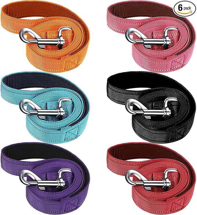 6 Pieces Dog Leash Bulk for Medium and Large Dog, Heavy Duty Nylon Pack Dogs Leashes Padded Handle Double Sided Reflective Puppy Collar for Walking