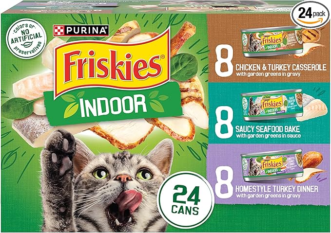 Purina Friskies Indoor Cat Food 24ct VP - (Chicken and Turkey Casserole, Saucy Seafood Bake, Homestyle Turkey Dinner) - (Pack of 24) 5.5 oz. Cans