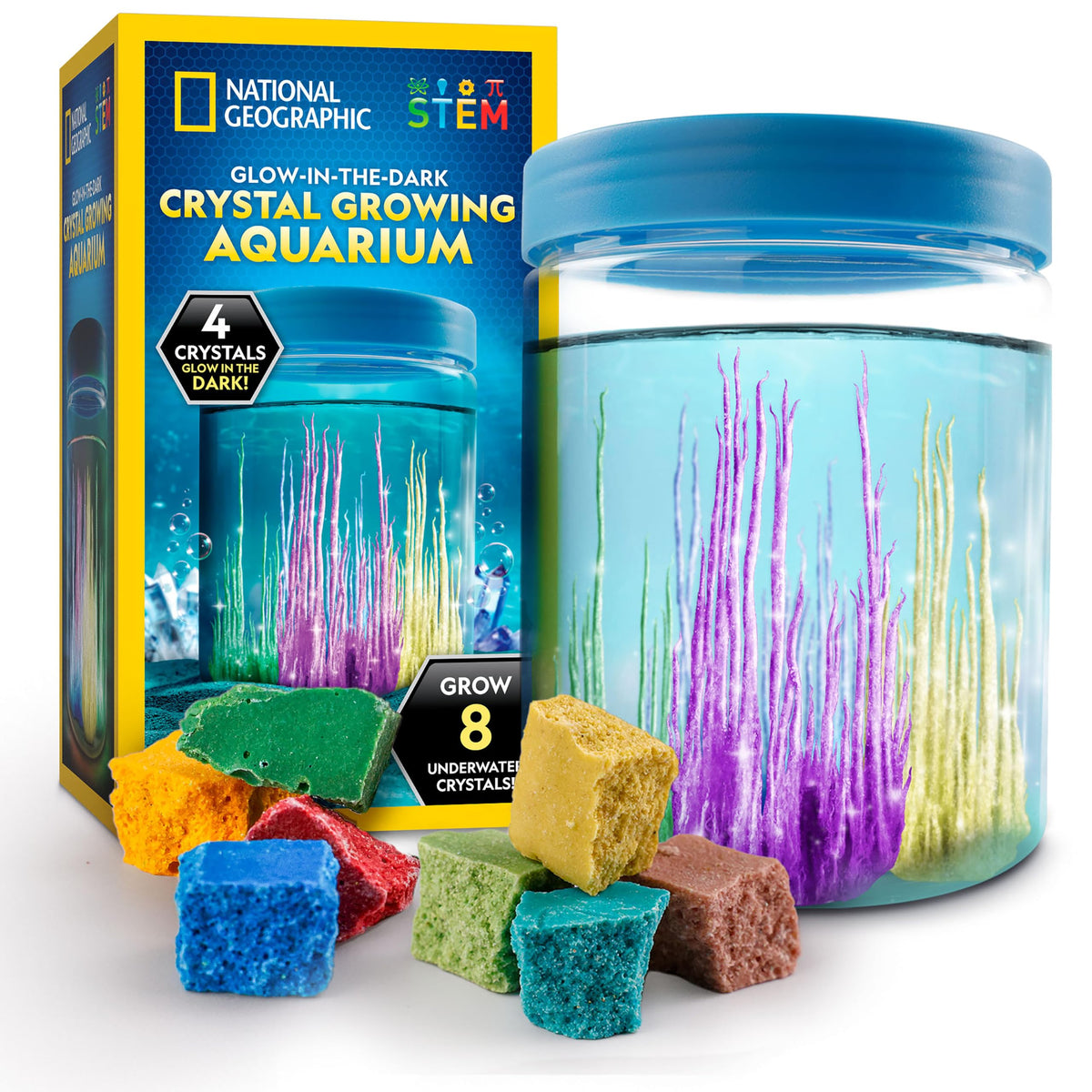 National Geographic Underwater Crystal Growing Aquarium Science Kit – Grow 8 Colorful Crystals Underwater | 360-Degree Secure Viewing Canister