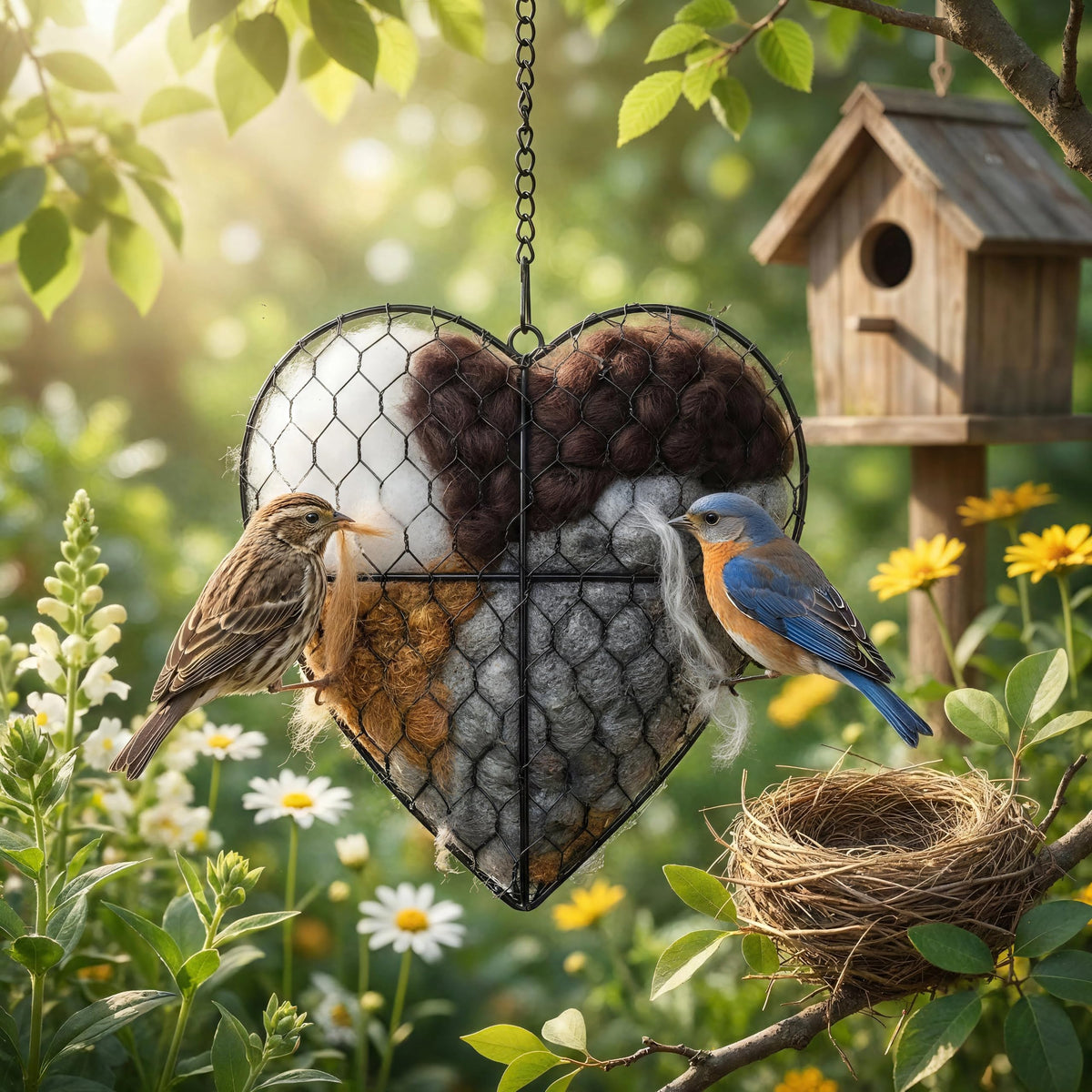 Handmade Fiber Bird Nesting Heart, Nesting Material for Wild Bird, Refillable Nesting Accessories, Hummingbird Nest/House, Outdoor Garden Decortion