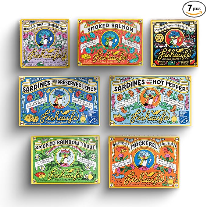 Fishwife Starter 7-Pack (Variety of Tinned Seafood including Smoked Salmon, Rainbow Trout, Sardines, Tuna & More!) | Gluten Free, High Protein