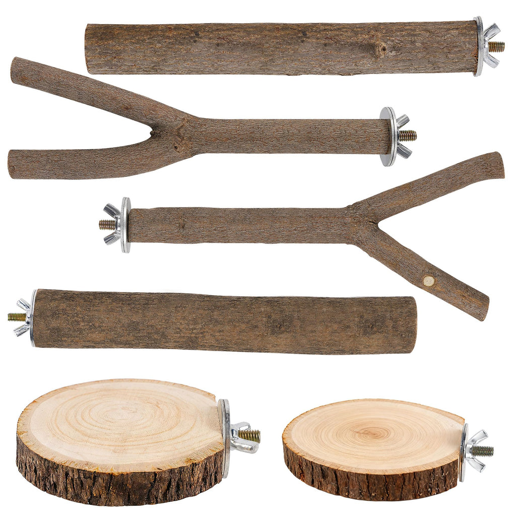 6 PCS Bird Perch Set, Natural Birch Wood Straight & Forked Perches with Platforms for Parakeets, Cockatiels, Conures, Lovebirds - Cage Accessories