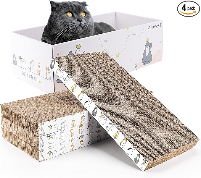 PatiencET Cat Scratch Pad with Box, 4 Pack Cardboard Cat Scratcher Lounge Bed for Indoor Cats, Reversible Corrugated Scratching Board Refill with